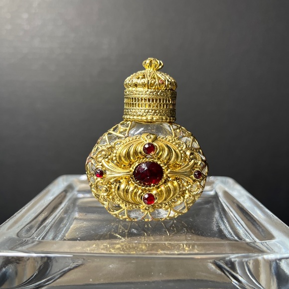 Miniature Czech Jeweled Gold Filigree Perfume Bottle with Dauber - Picture 5 of 9
